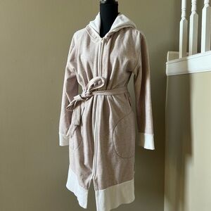 DKNY Beige and White Hooded Belted Jacket